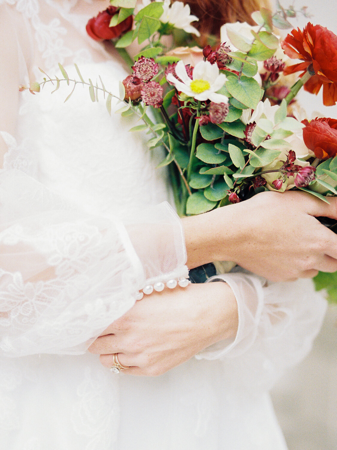 detail photo of brides ring and dress